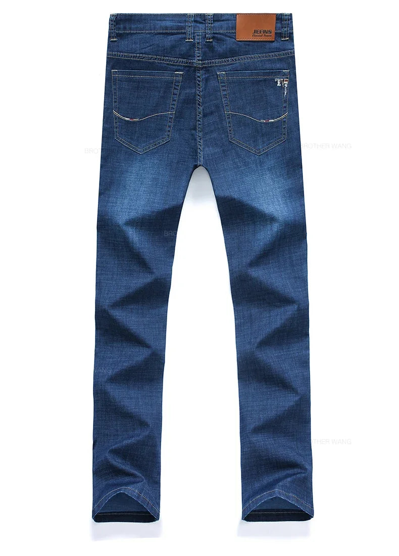 Summer Thin Men's Straight Jeans Classic Black Blue Stretch Casual Business Baggy Denim Pants Male Brand Trousers