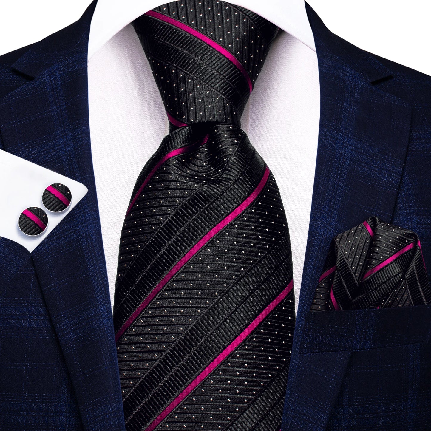 Hi-Tie Striped Black Purple Red Green Men Elegant Necktie Hanky Cufflinks for Tuxedo Fashion Classic Silk Luxury Tie for Man