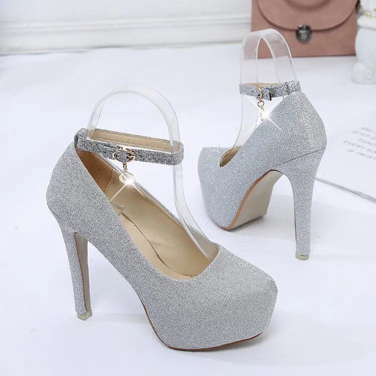 Fashion Wedding Shoes Women High Heels Women Pumps Bride Shoes Platform Super High Heel 12cm Black Silver