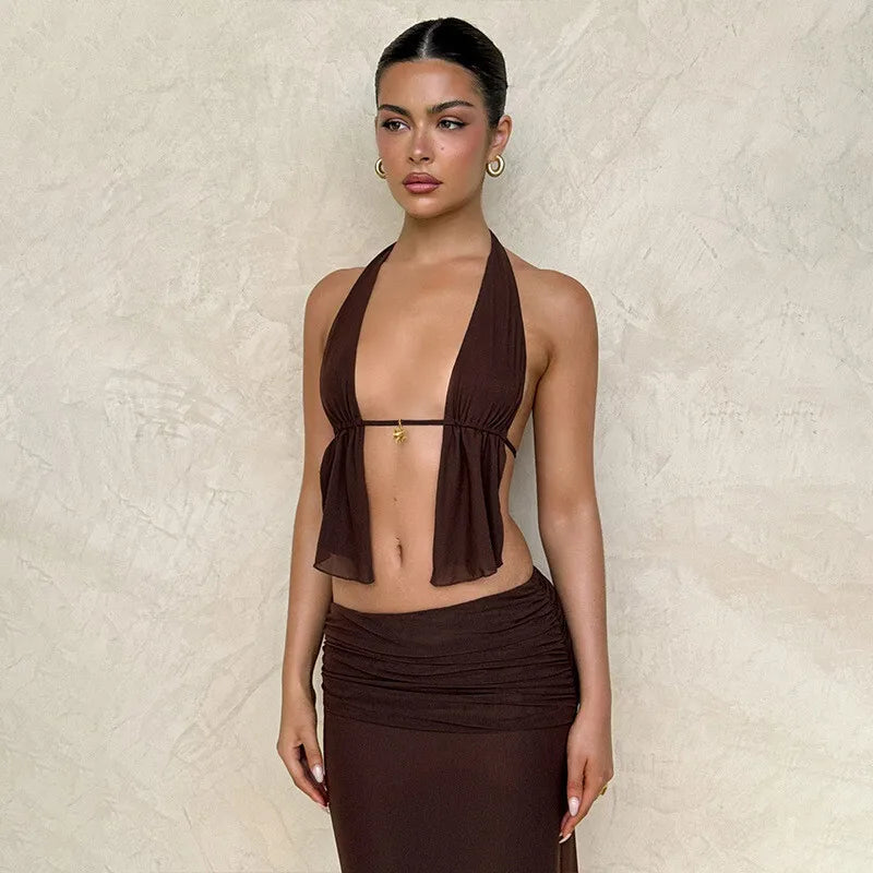 Mozision Hollow Out Lace-up Sexy Skirt 2 Piece Sets Women Brown Halter Crop Tops And Maxi Skirt Female Skinny Sexy Two Piece Set