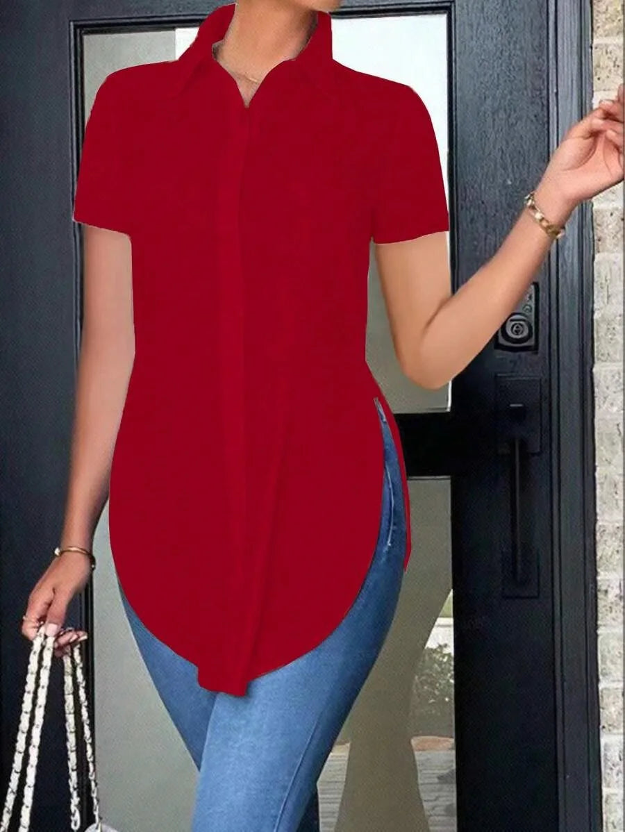 Women's Blouses Summer Casual White Short Sleeved Shirt Fashion OL Lapel Irregular Slim Shirts Women Clothing Streetwear Tops