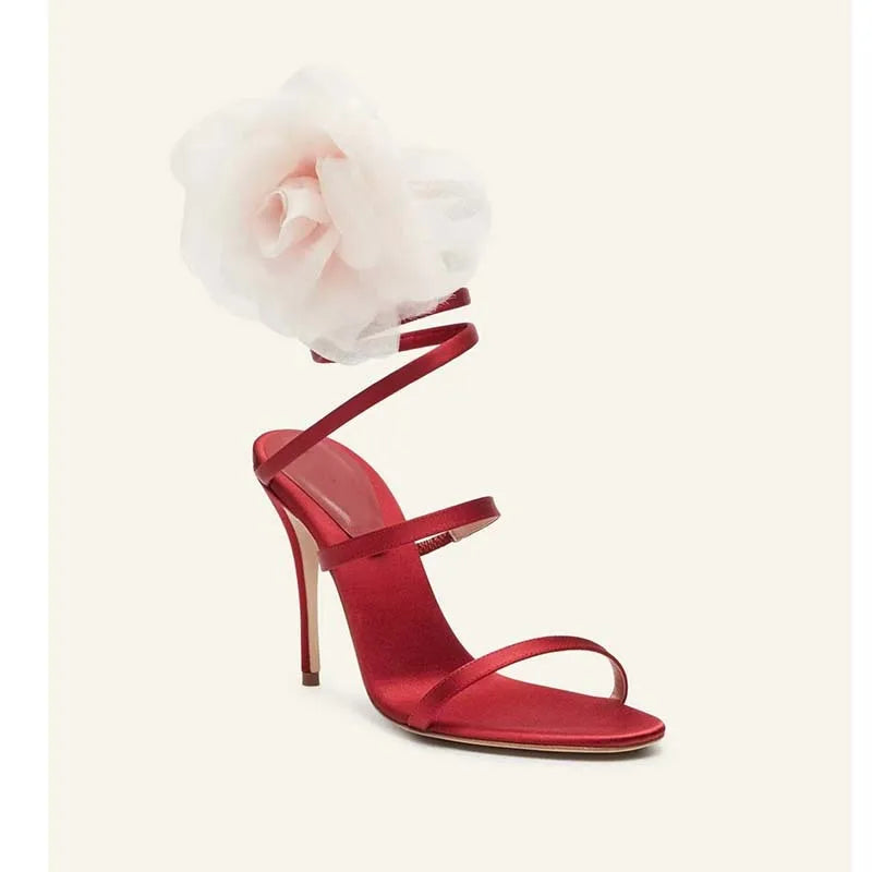 Flower Slender Straps Coiled Snakes Wrap Stiletto Sandals Woman Summer 2025 Open Toe Ankle Strap Slingback High Heels Shoes