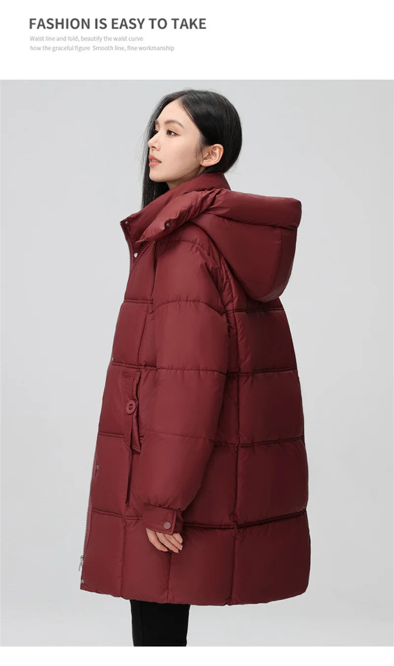 2024 New Winter Women Jacket Mid Long Hooded Parka Cotton Padded Jacket Female Parkas Loose Casual Warm Outwear Snow Wear Coats