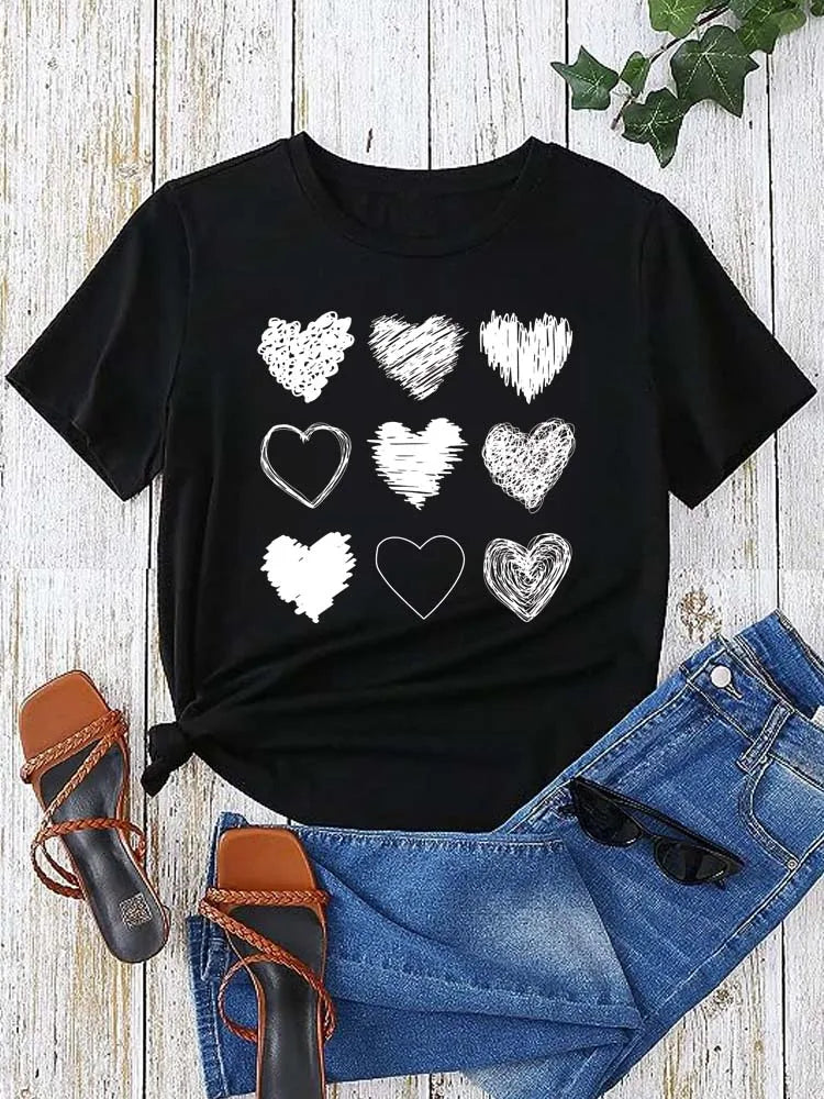 Red Heart Printed Women T-Shirts Fashion Streetwear Short Sleeve Tee Clothing Casual Soft Women Tops Valentine's Day T-shirt