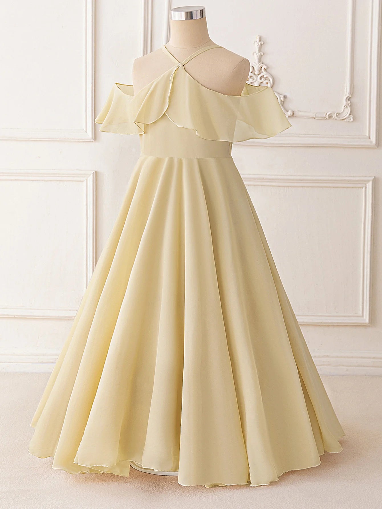Ruffle Girls Party Bridesmaid Strap Dress off Shoulder Long Wedding Princess Prom Dresses Kids Elegant Beach Birthday Evening