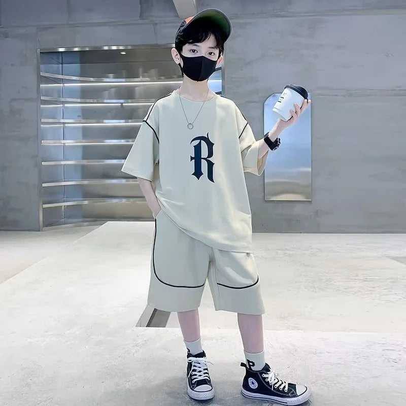 Boys Loose Casual Clothing Sets Summer Big Kids Sportwear Suits Short Sleeve Tops+Shorts 2Pcs Children Fashion Outfits 5-14 Year