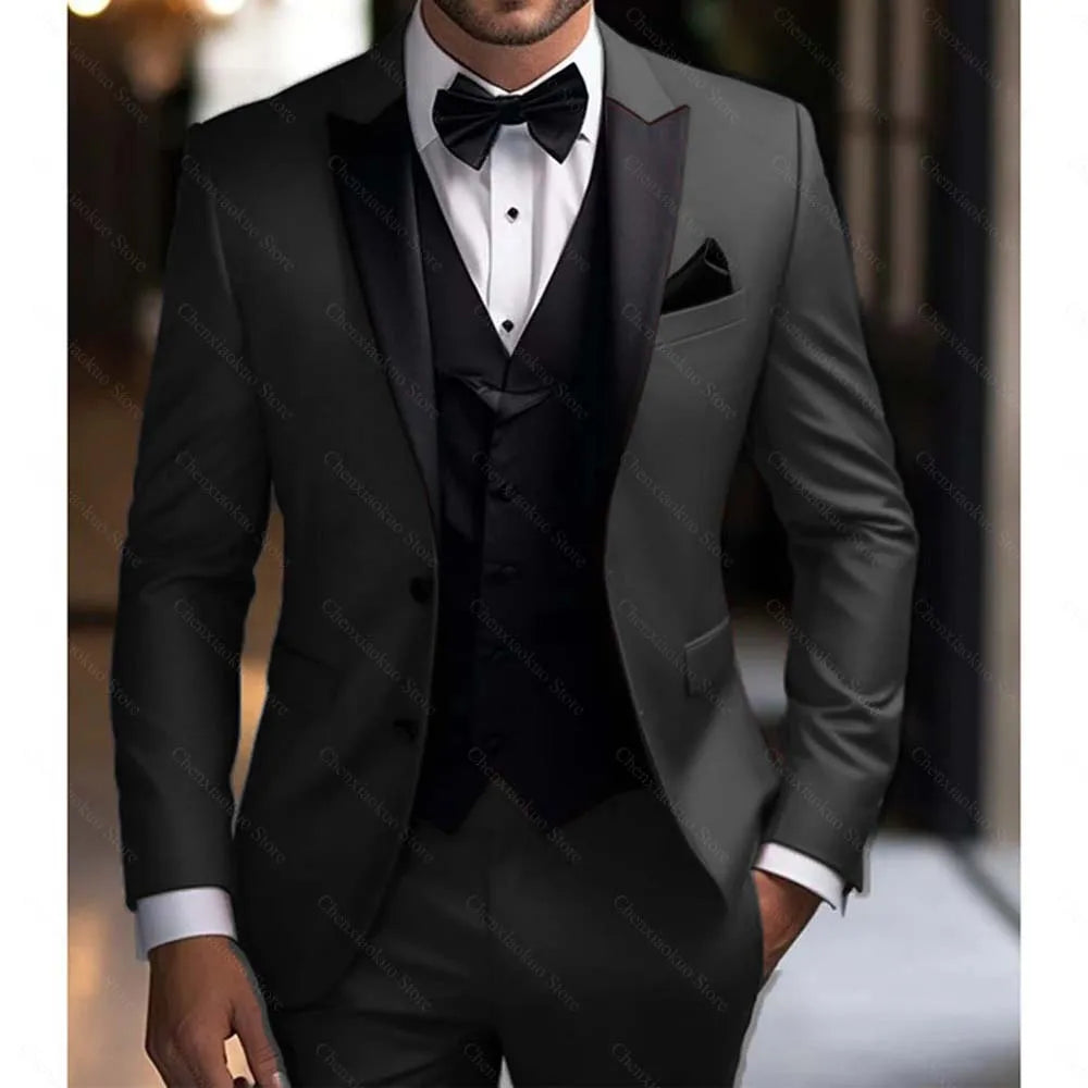 Men Suits 3 Piece Elegant Peak Lapel Single Breasted Tuxedo Slim Groom Wedding Party Formal Male Suit (Blazer+Vest+Pants)