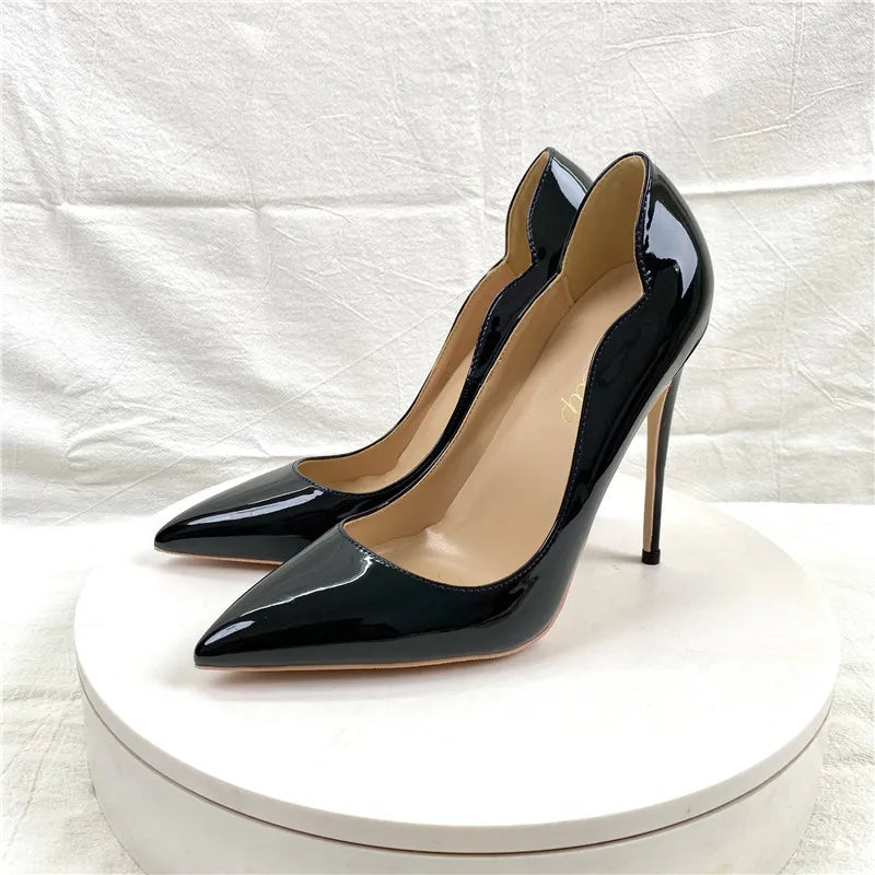 Elegant Glossy Black Curl Cut Women Pointy Toe 12cm High Heel Shoes Sexy V Cut Lady Party Wedding Stiletto Pumps Size 45