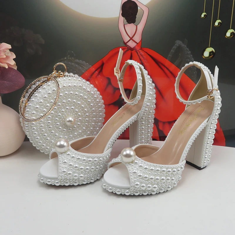 2024 New Arrival Hademade White Sandals Bridal shoes bag set woman Big Pearl Girls fashion Sandals party Shoes Fashion Thin Heel