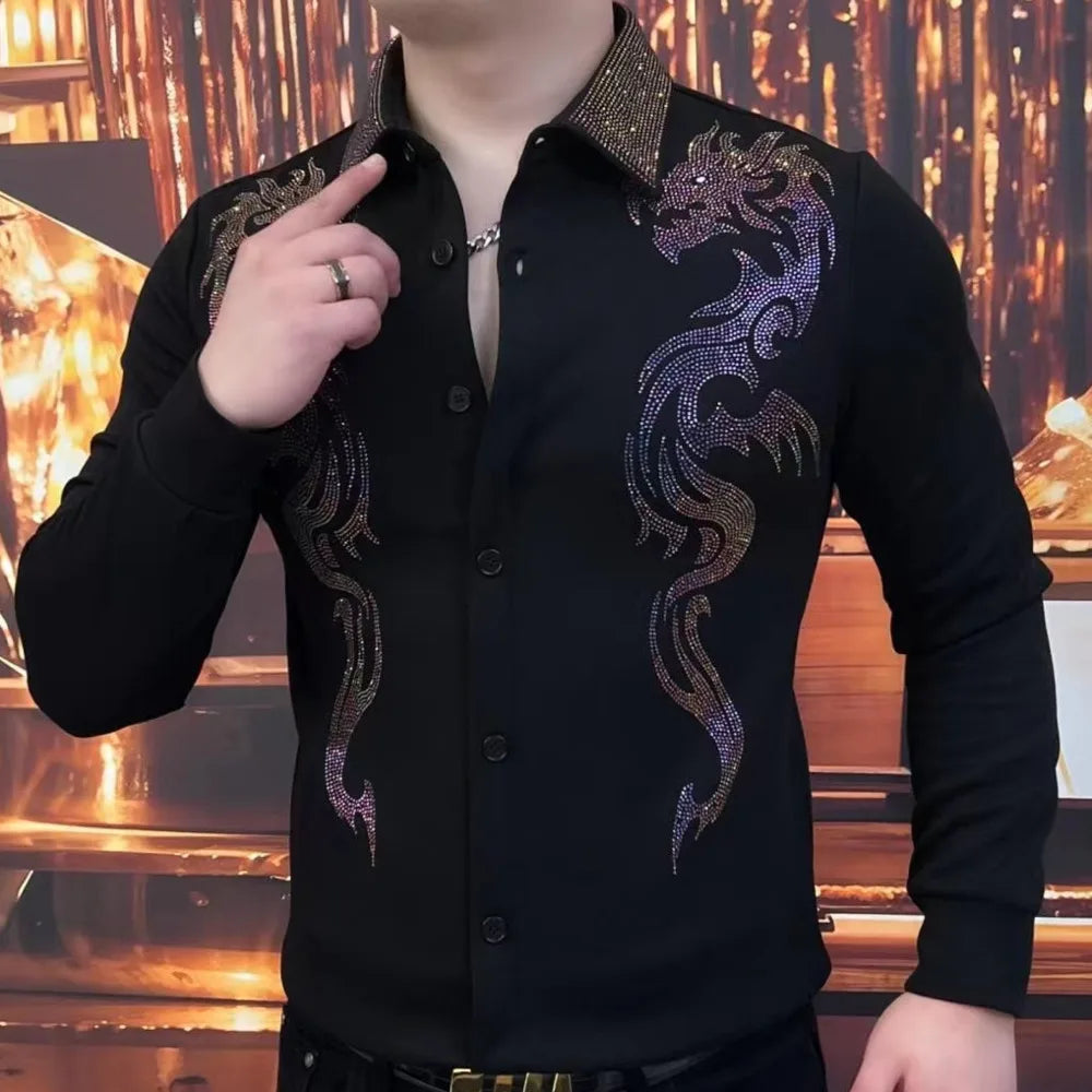 Quality Black Rhinestones Animal Shirt Camiseta Masculina Autumn Shirts For Men Social Club Outfits Hot Diamond Print Shirt Men