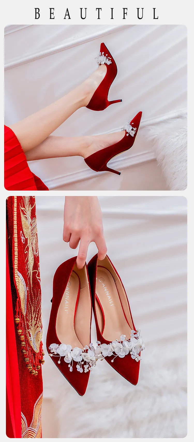 Wedding Shoes Women's 2024 Main Wedding Dress White High Heels Burgundy Xiuhe Bridal Shoes Mid Heel Plus Size Single Shoes