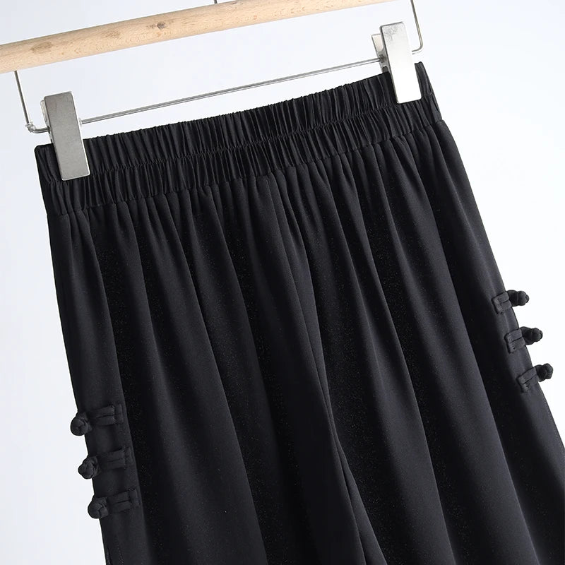 ZUZK Slit Chiffon Long Pants Summer Comfortable Elastic Waist Slim Double Layer Chiffon Pants Chic Droop Chinese Style Pants