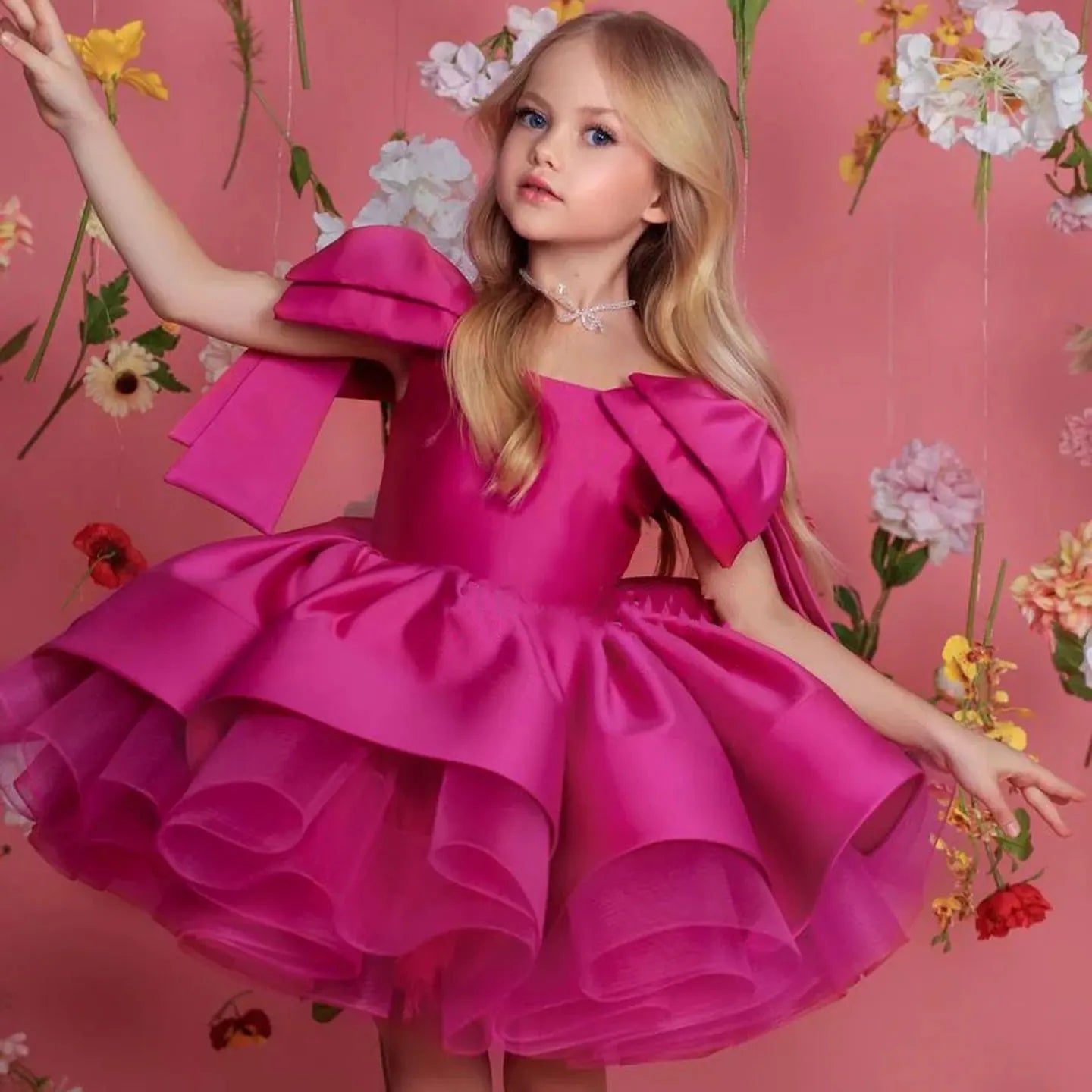Jill Wish Elegant Satin Fuchsia Girl Dress Off-Shoulder White Princess Birthday Wedding Party Children Holy Coummunion Gown J159