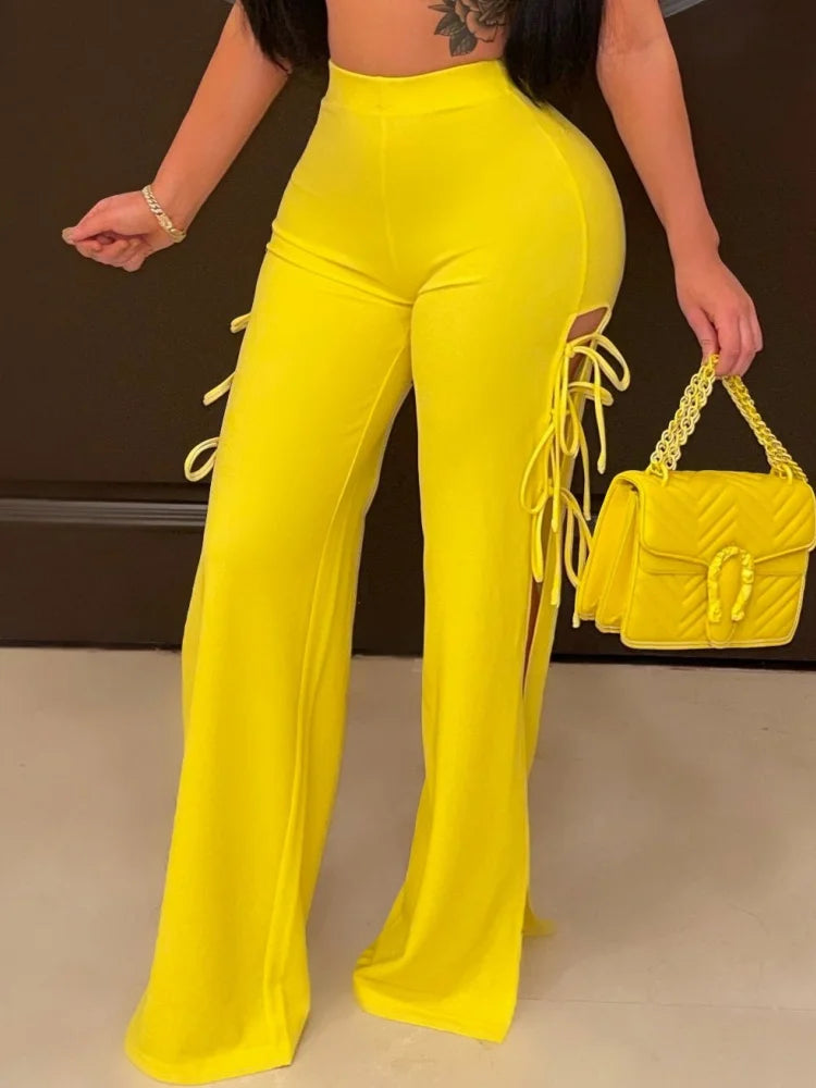 BKLD Women Clothing Fashion Solid Color Lace-Up Flared Pants Sexy Night Club Outfits Party Wide Leg Pants High Waist Trousers