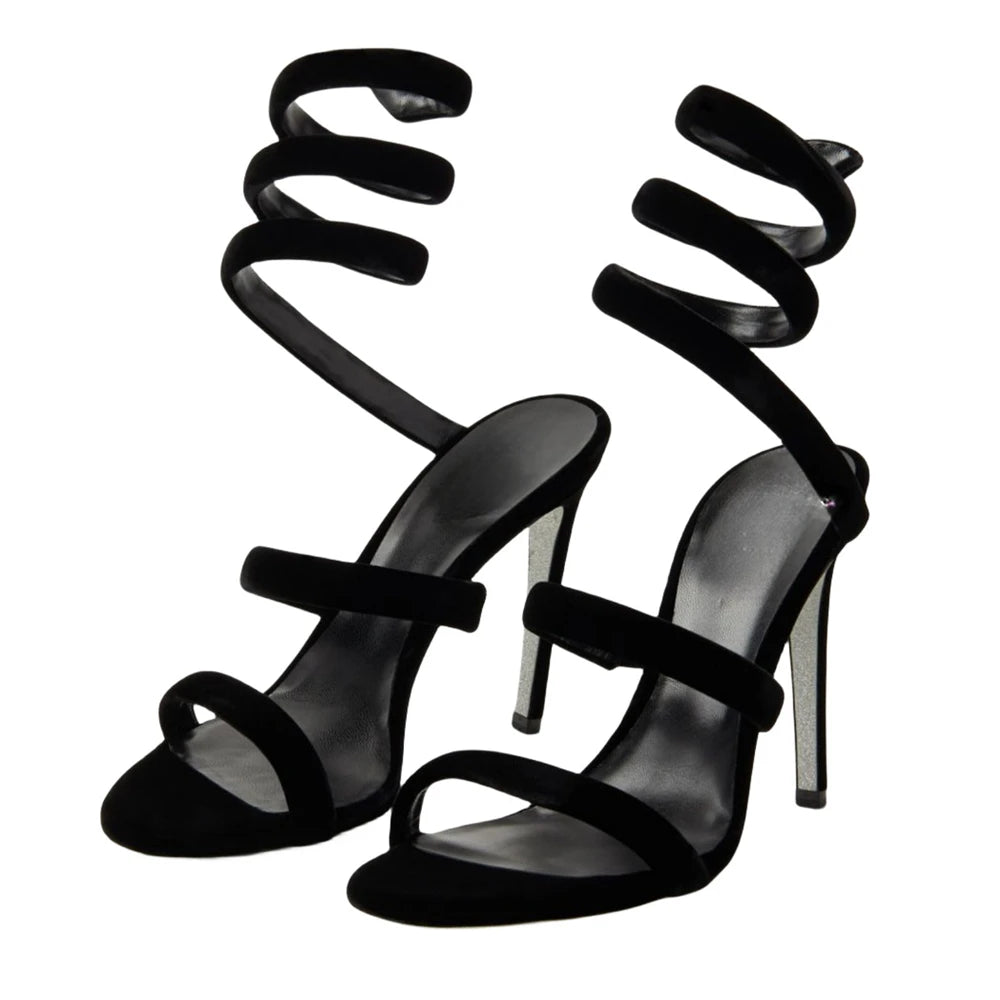 Summer new round toe silk ribbon snake-shaped wrapped sexy sandals thin high-heeled banquet dress large size women's shoes