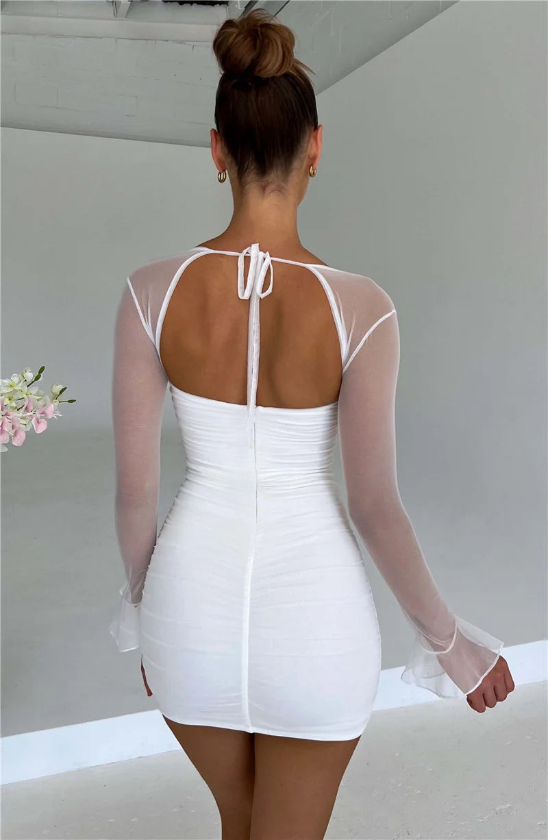 Mozision Elegant Backless Sexy Mini Dress For Women Robe Two Layer Mesh Full Sleeve Zipper Bodycon Party Short Dress Vestido