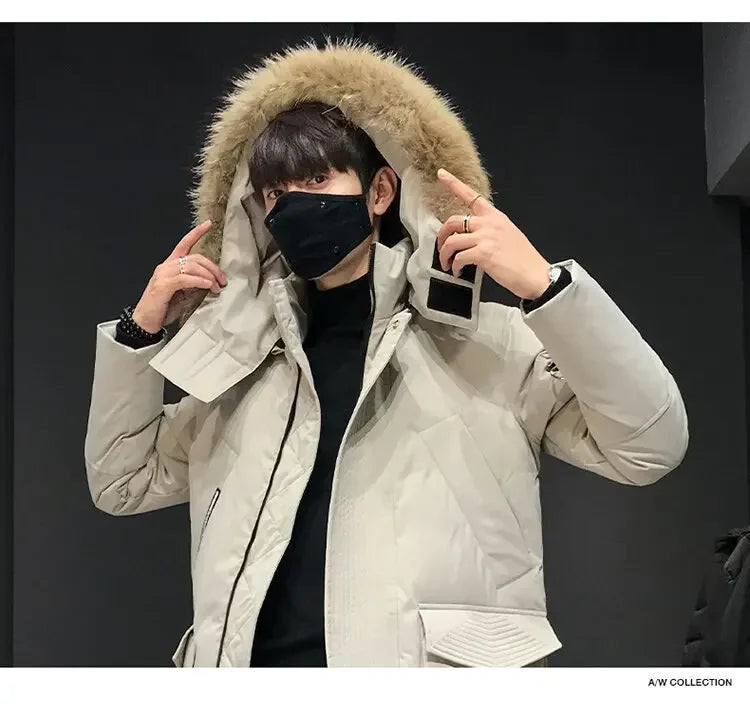 Men's Thickened Down Jacket Hooded Faux Fur Collar Winter Long Parka Jacket Outdoor Street Fashion Jacket Men's Clothing 2024
