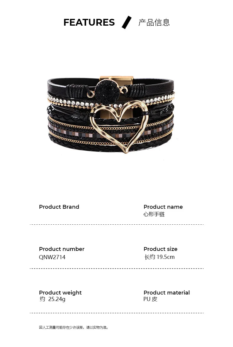 WYBU Love Heart Charm Leather Bracelets For Women Fashion Braided Bangles Multilayer Resin Stone Hollow Leather Wrap Bracelets
