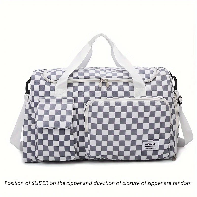 Stylish Checkerboard Pattern Design Large Capacity Duffle Travel Bag, Portable Sports Gym Bag, Weekender Overnight Bag