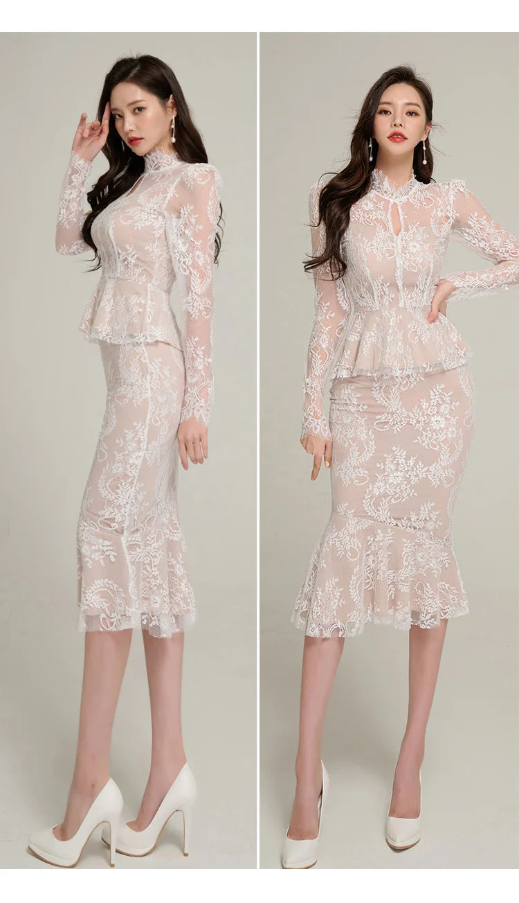 Spring Professional Woman Lace 2 Pieces Set Simple Tops + Vintage High Waist Mermaid Skirt Korean Skirts Suits