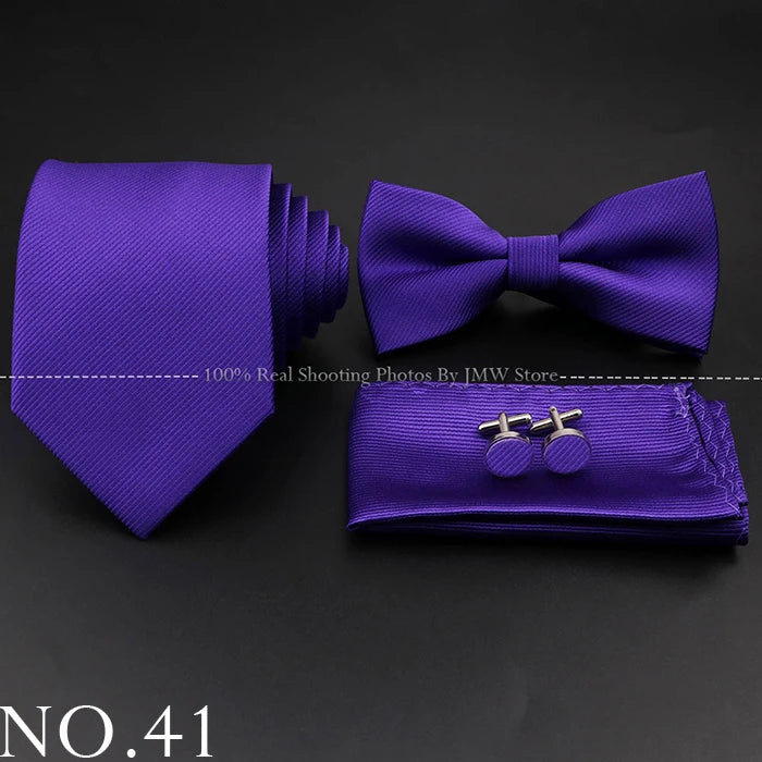 Hot Sale Red Blue Tie Set Polyester Slim Striped Necktie Bowtie Cufflink Brooch For Groom Suit Wedding Cravat Shirt Accessory