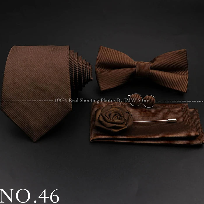 Hot Sale Red Blue Tie Set Polyester Slim Striped Necktie Bowtie Cufflink Brooch For Groom Suit Wedding Cravat Shirt Accessory