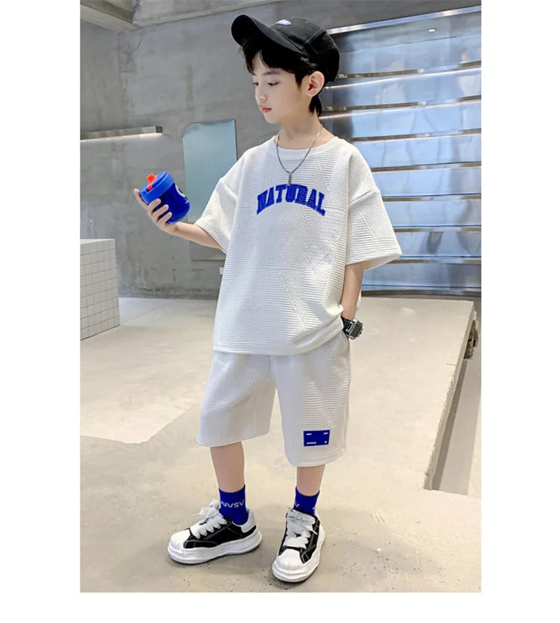 Boys Summer Casual Sets Thin Handsome T-shirt + Loose Shorts 2Pcs Kids Sportswear Loungewear Outfit Teenager Suit 5-14 Years
