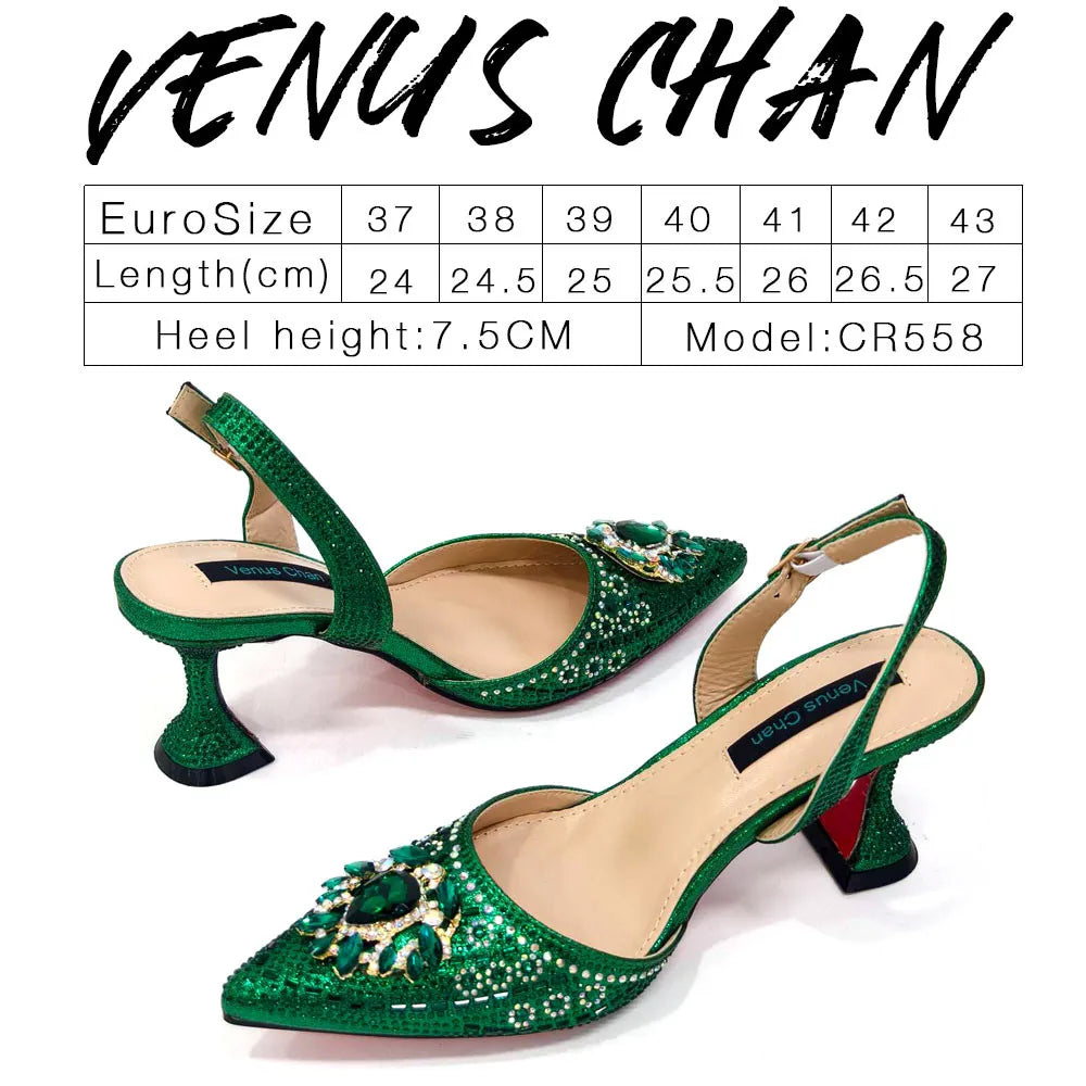 Nigerian Heel Party for Women Blue Color Shoes and Bag Set Rhinestone Handbag Italian Design Wedding INS 2025