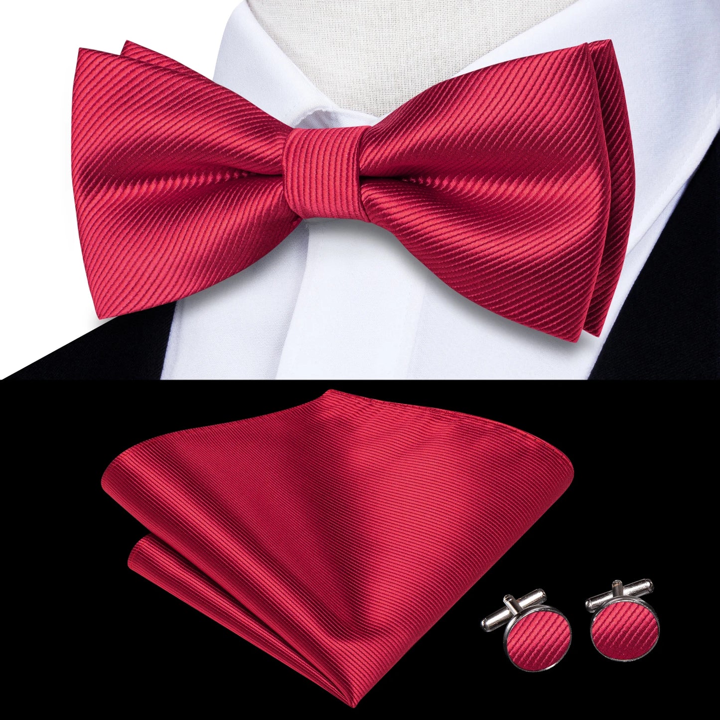 Hi-Tie Pink Dot Silk Mens Pre-tied Bow Tie Hanky Cufflink Set Dusty Pink Butterfly Knot Bowtie for Male Wedding Business