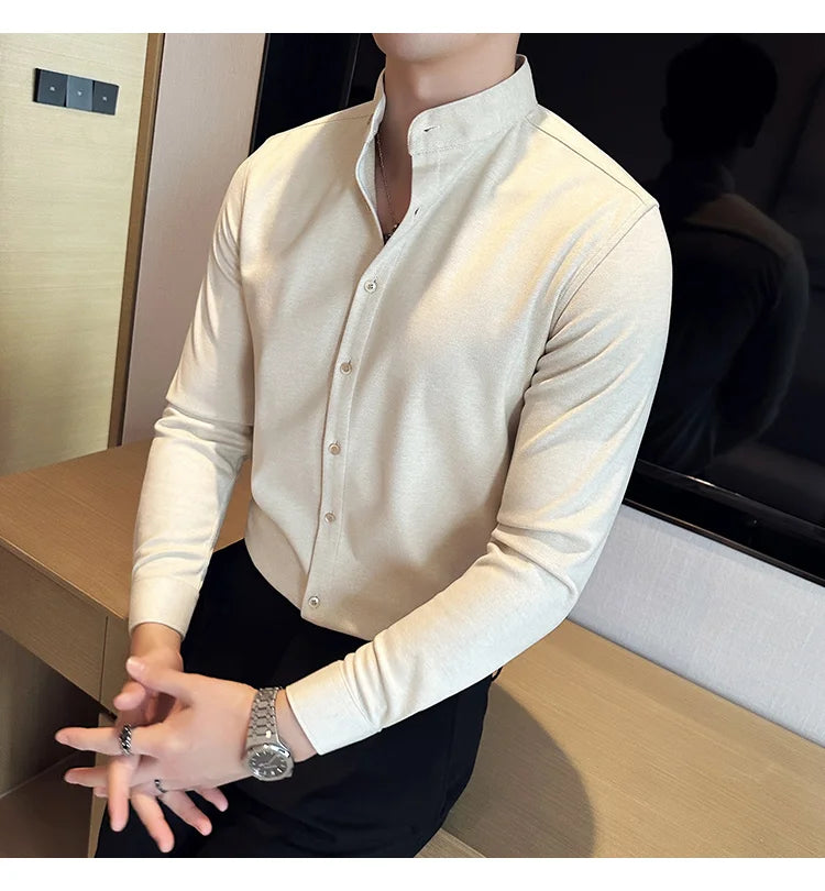 Winter Men Woolen Shirt with British Style Solid Casual Stand Up Collar Thick Warm Wool Formal Dress Shirt Fashion Men Clothing