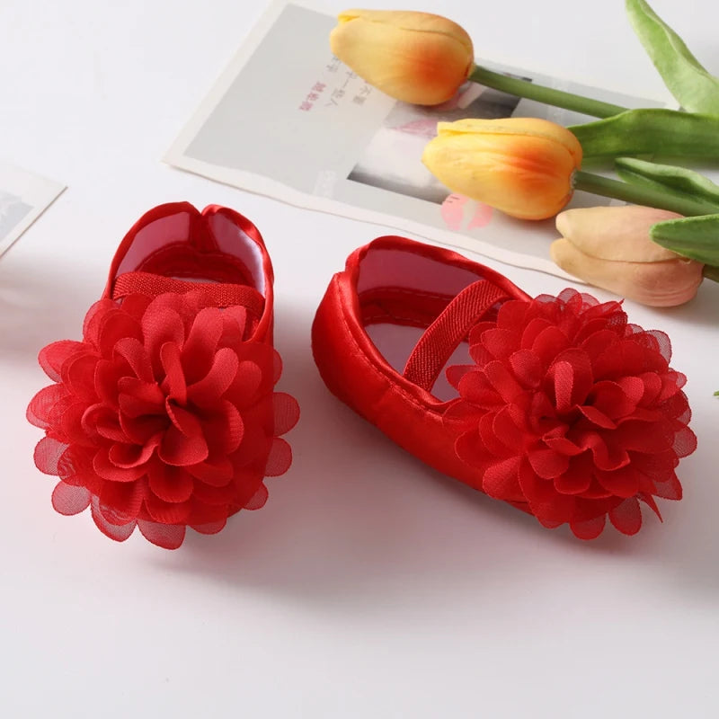 Infant Baby Girls Shoes with Headband Soft Sole Non-slip Flower Princess Wedding Dress Walking Shoes