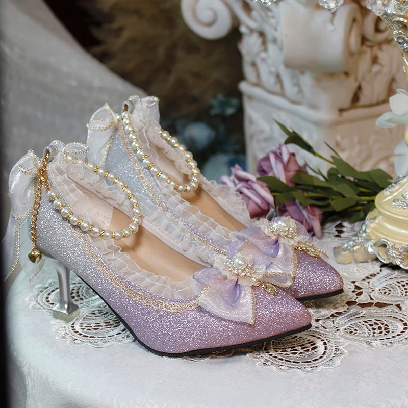 Lolita High Heels One Night Story Lolita Shoes Shiny Pointed High Heels Flower Wedding Ceremony 18 Year Old Slim Heels