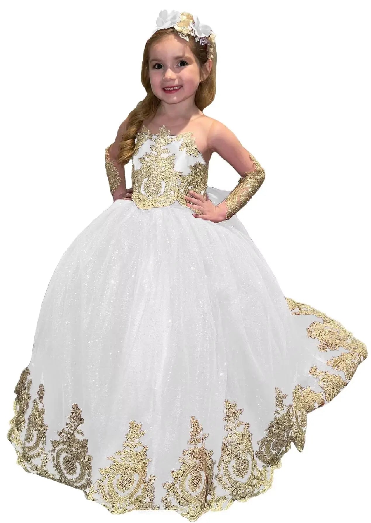 Glitter Puffy Princess Flower Girl Dresses Gold Appliques Bow Tulle Long Pageant Wedding Party Mini Quinceanera Dress Ball Gowns