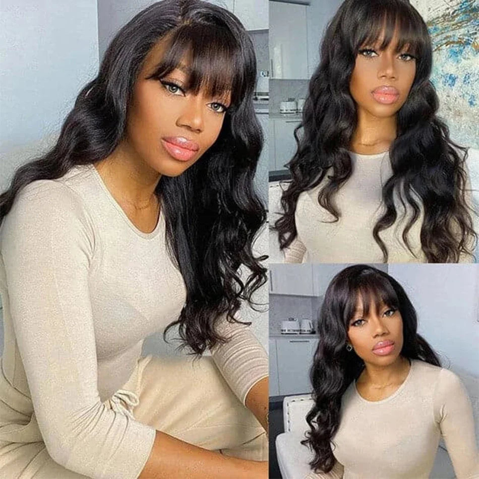 BPHW 12A Body Wave Wig With Bangs 30 inches Body Wave Human Hair Wigs 180% Density Fringe Remy Full Machine Made Wig For Women