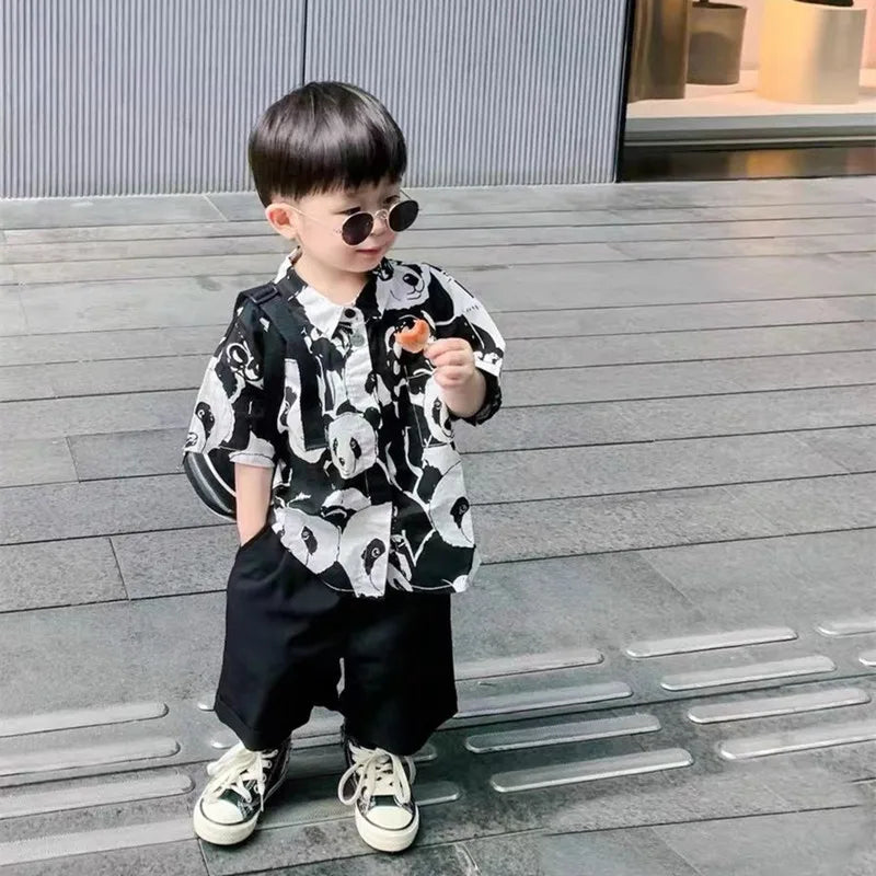 Summer fashion boys short sleeve shirt cartoon printed children turn-down collar shirt baby boy cotton Tops beach clothing