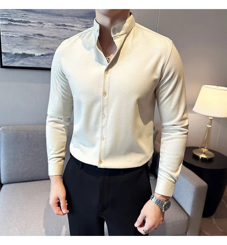 Winter Men Woolen Shirt with British Style Solid Casual Stand Up Collar Thick Warm Wool Formal Dress Shirt Fashion Men Clothing
