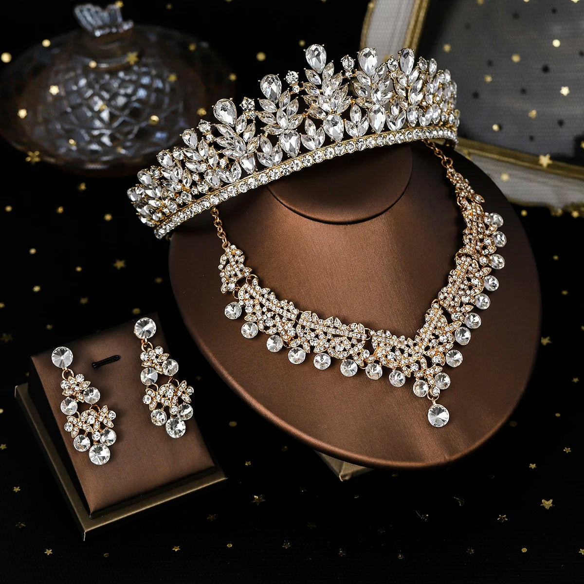 Bridal Wedding Elegant Headpieces Crystal Crown Tiara Classic Earrings & Necklace Set Jewelry Accessories Gifts for Friends