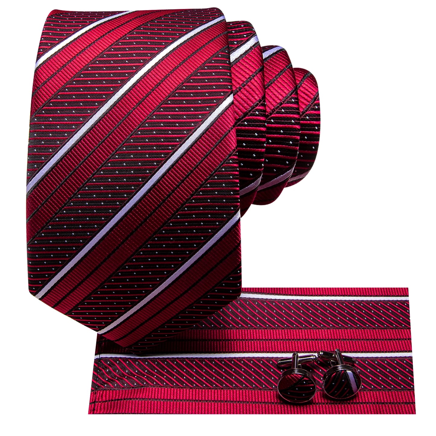Hi-Tie Striped Burgundy Blue Black Men Elegant Necktie Handkerchief Cufflinks 3PCS Set Fashion Classic Silk Luxury Tie for Man