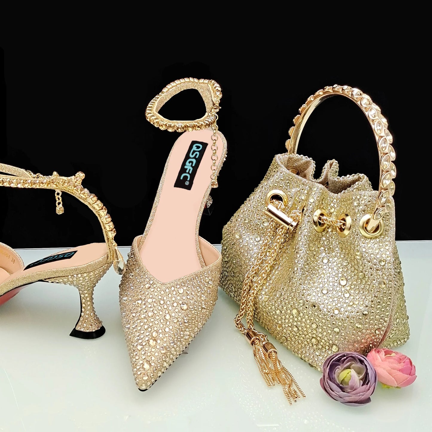 QSGFC New Gold Glitter Fabric Pointed Toe High Heels With A Variety Of Shapes Of Rhinestones Fashion Party Ladies Shoes And Bag