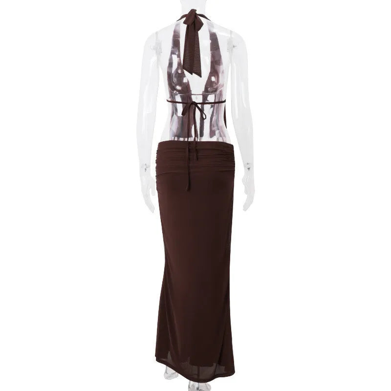 Mozision Hollow Out Lace-up Sexy Skirt 2 Piece Sets Women Brown Halter Crop Tops And Maxi Skirt Female Skinny Sexy Two Piece Set