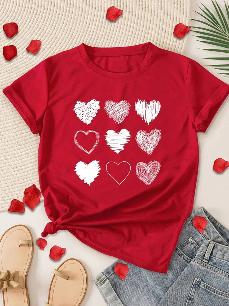 Red Heart Printed Women T-Shirts Fashion Streetwear Short Sleeve Tee Clothing Casual Soft Women Tops Valentine's Day T-shirt