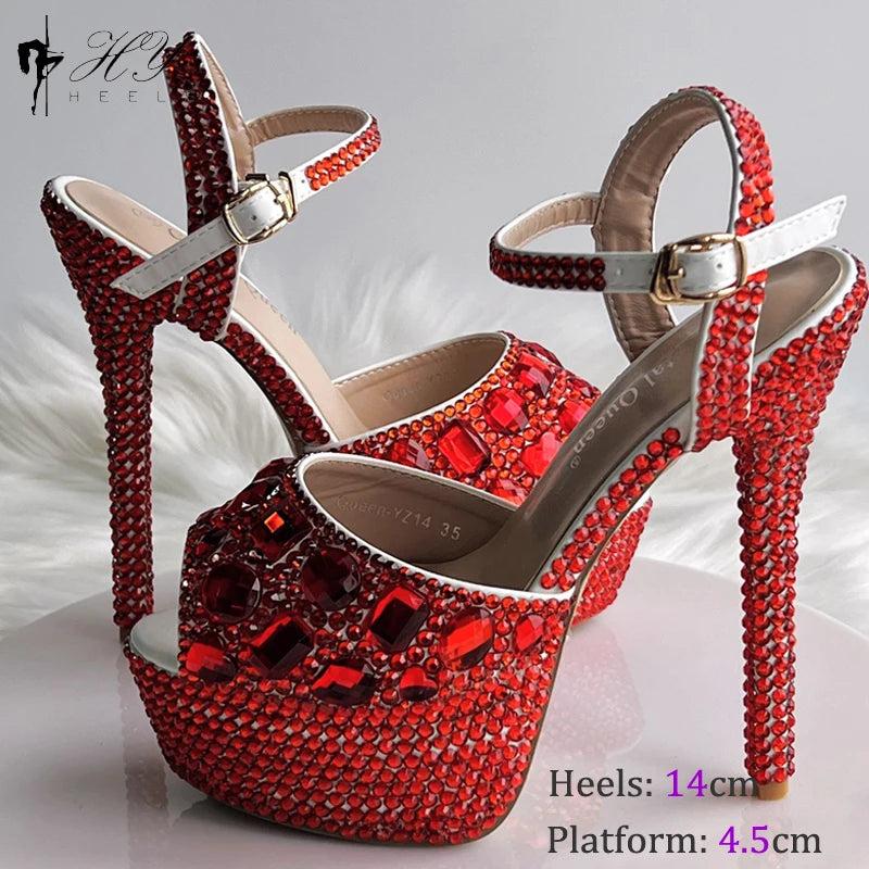 Fashion Diamond Wedding Shoes Ladies 14cm Heels Open-toed High-heeled Waterproof Platform Party Shoes Women