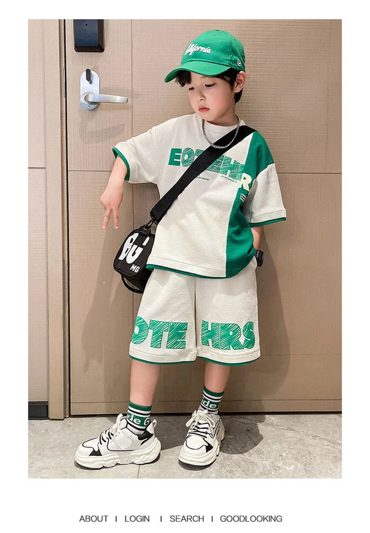 New Summer Teenagers Boys Clothing Sets Child Fashion Letter Top And Shorts 2Pcs Kids Tracksuit 4 5 6 7 8 9 10 11 12 13 14 Years