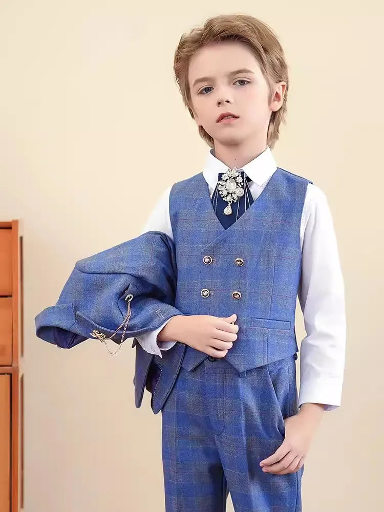 Children Red Jacket Vest Pants 3PCS Photograph Suit Boys Wedding Dress Prince Kids Tuxedo Set Teenager Birthday Party Costume