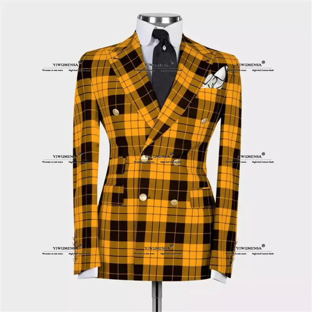 Plaid Check Suits Men Double Breasted Prom Blazers Formal Business Jacket Pants 2 Pieces Groom Wedding Tuxedos terno masculino