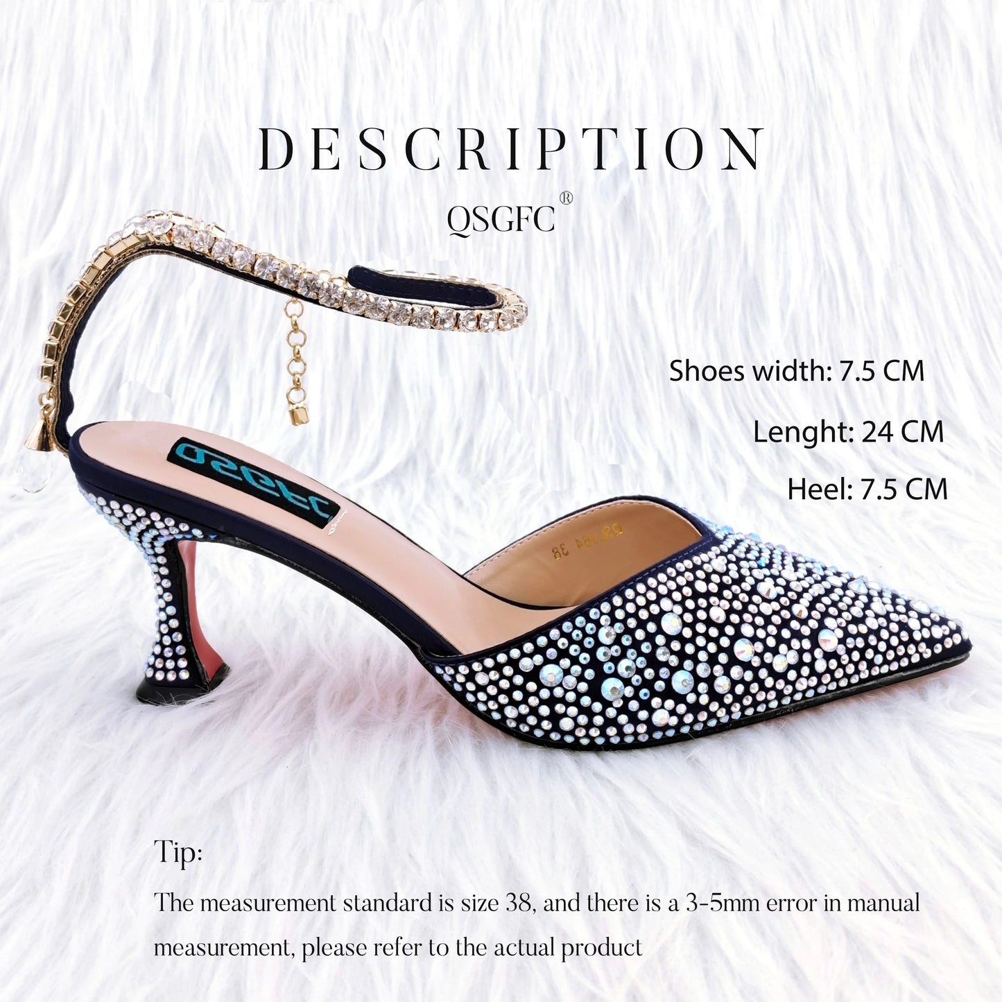 QSGFC New Gold Glitter Fabric Pointed Toe High Heels With A Variety Of Shapes Of Rhinestones Fashion Party Ladies Shoes And Bag