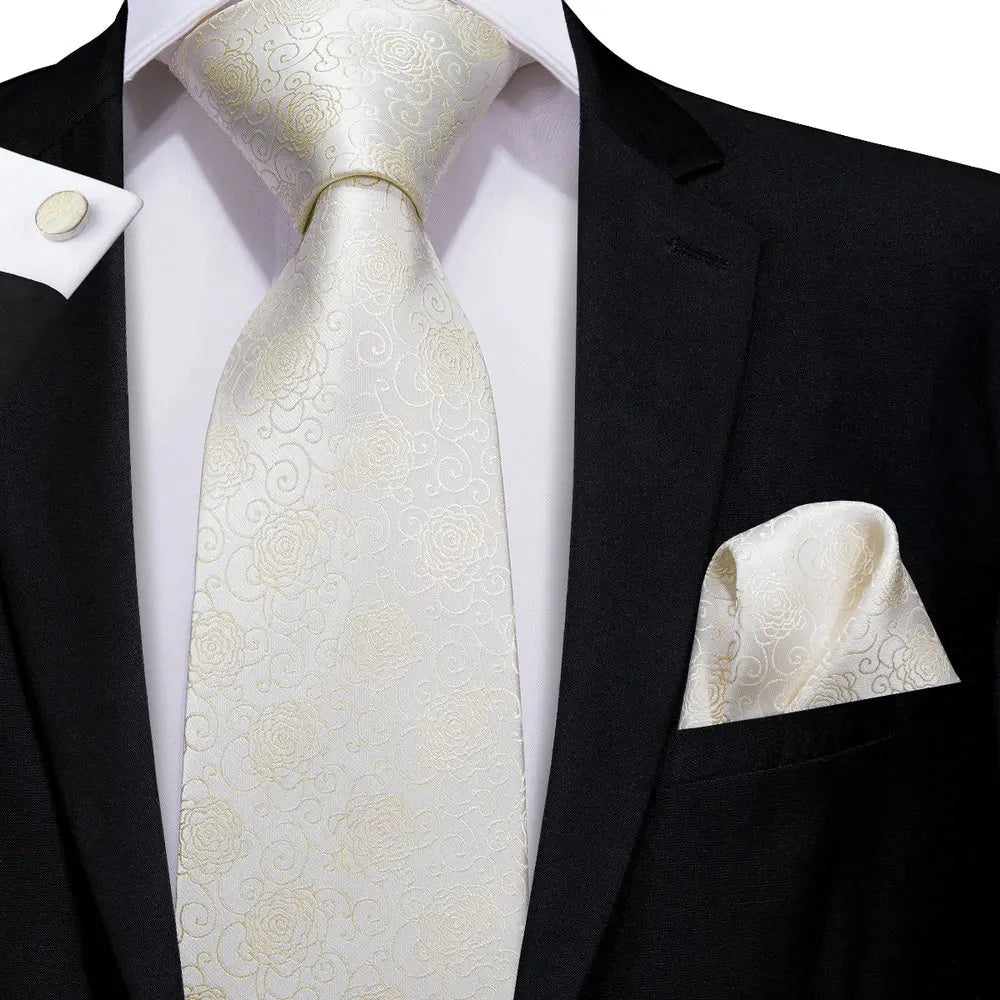 Hi-Tie Champagne Ivory Floral Solid Design Silk Wedding Tie For Men Quality Hanky Cufflink Fashion Nicktie Business Dropshipping