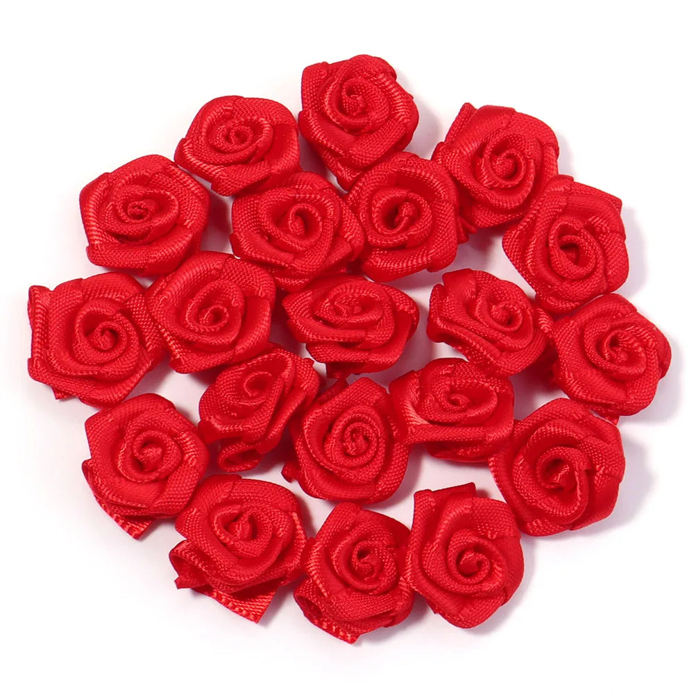 20Pcs/Lot Mini Handmade Rose Flower Satin Ribbon Rosettes Fabric Appliques For Wedding Decoration Craft Sewing Accessories