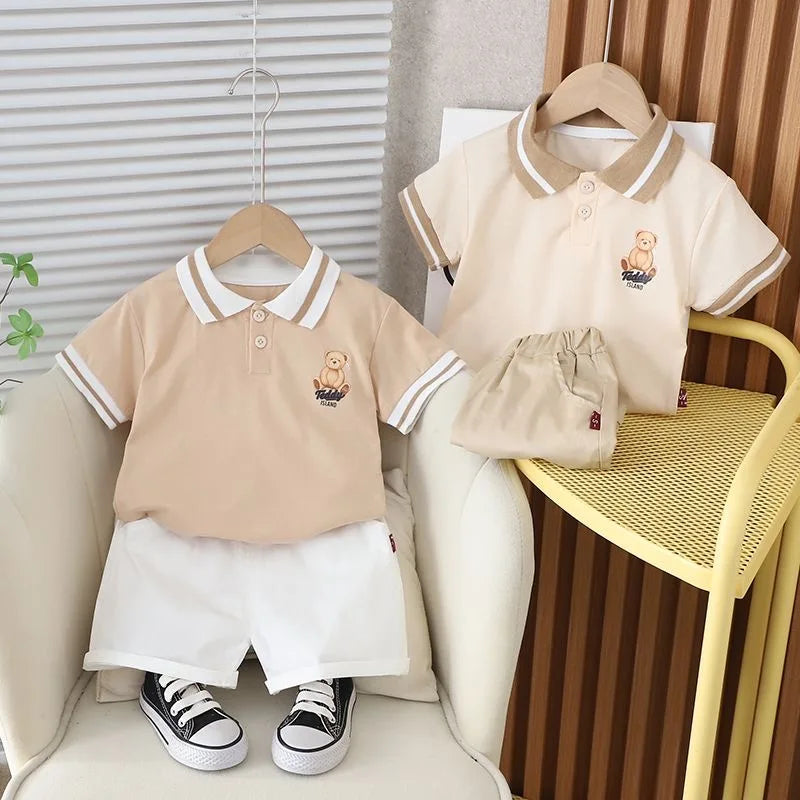 Cotton Summer Baby Children Shorts Pants Suit Polo T-shirt Todder Boy Girl Kids Cartoon Bear Cute Clothes Cheap Stuff 0-5 Years