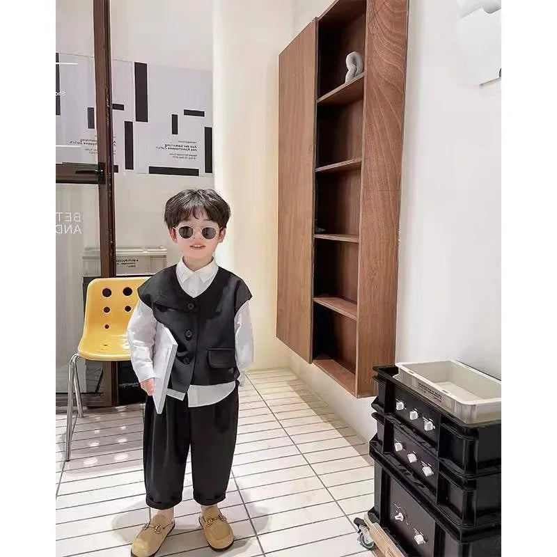2022 Children Sets Shirts Turn-down Collar Vest Single Breasted Pants Ankle Length Loose Solid Soft Simple Casual Autumn Boys